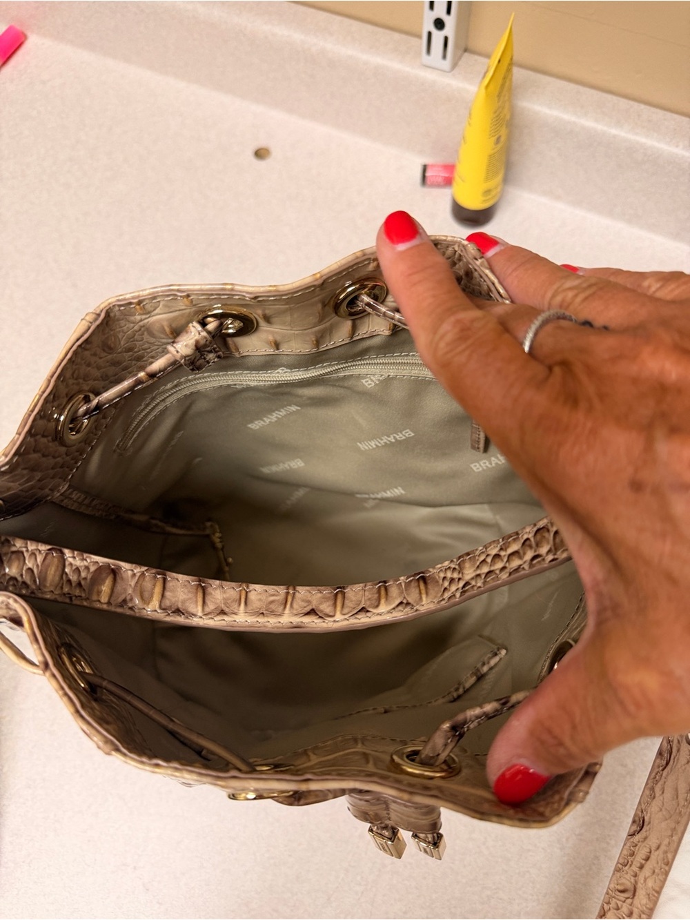 Brahmin Croc-Embossed Drawstring Shoulder Bag in Taupe Brown - Picture 2 of 4
